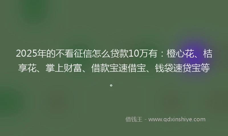 2025年的不看征信怎么贷款10万有：橙心花、桔享花、掌上财富、借款宝速借宝、钱袋速贷宝等。
