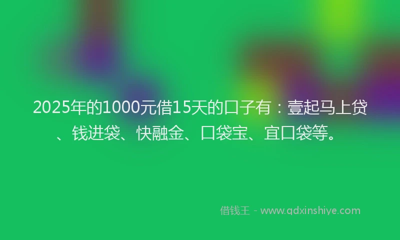 2025年的1000元借15天的口子有：壹起马上贷、钱进袋、快融金、口袋宝、宜口袋等。