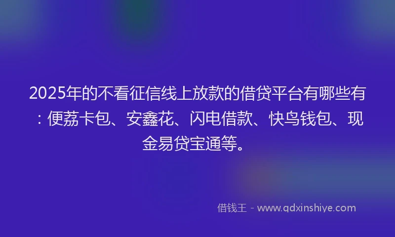 2025年的不看征信线上放款的借贷平台有哪些有：便荔卡包、安鑫花、闪电借款、快鸟钱包、现金易贷宝通等。