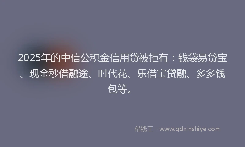 2025年的中信公积金信用贷被拒有:钱袋易贷宝、现金秒借融途、时代花、乐借宝贷融、多多钱包等。