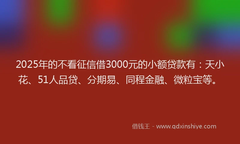 2025年的不看征信借3000元的小额贷款有：天小花、51人品贷、分期易、同程金融、微粒宝等。