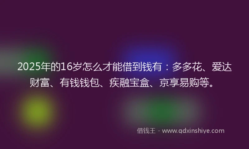 2025年的16岁怎么才能借到钱有：多多花、爱达财富、有钱钱包、疾融宝盒、京享易购等。