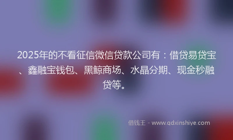 2025年的不看征信微信贷款公司有：借贷易贷宝、鑫融宝钱包、黑鲸商场、水晶分期、现金秒融贷等。