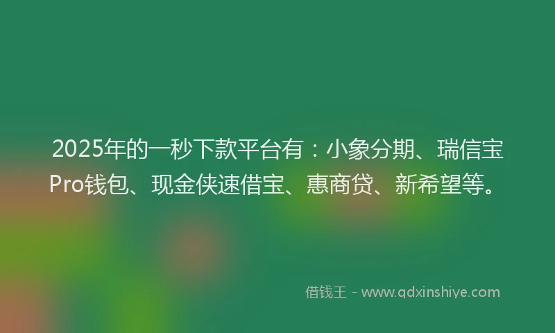 2025年的一秒下款平台有：小象分期、瑞信宝Pro钱包、现金侠速借宝、惠商贷、新希望等。