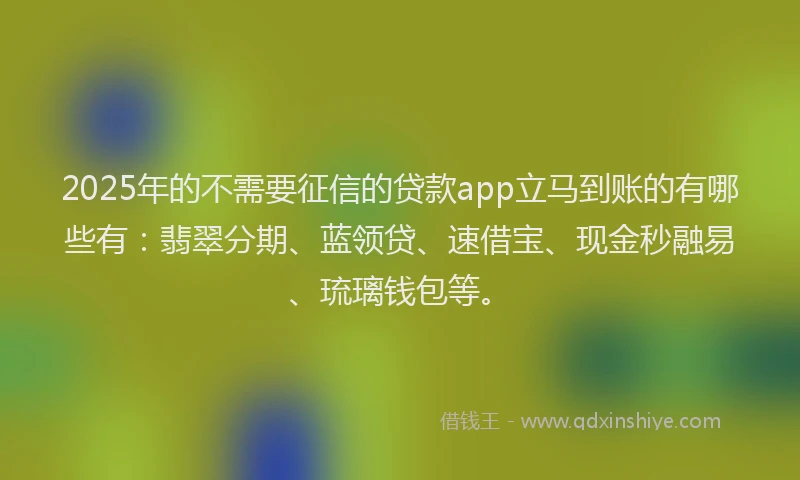 2025年的不需要征信的贷款app立马到账的有哪些有：翡翠分期、蓝领贷、速借宝、现金秒融易、琉璃钱包等。
