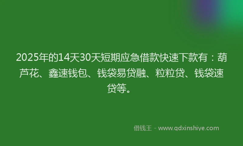 2025年的14天30天短期应急借款快速下款有：葫芦花、鑫速钱包、钱袋易贷融、粒粒贷、钱袋速贷等。