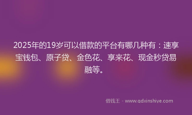2025年的19岁可以借款的平台有哪几种有：速享宝钱包、原子贷、金色花、享来花、现金秒贷易融等。