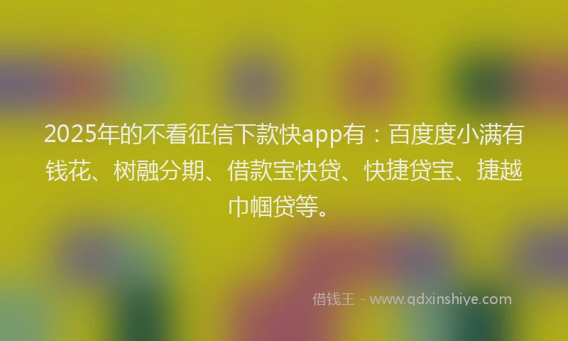 2025年的不看征信下款快app有：百度度小满有钱花、树融分期、借款宝快贷、快捷贷宝、捷越巾帼贷等。