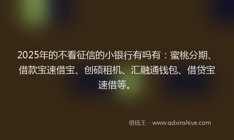 2025年的不看征信的小银行有吗有：蜜桃分期、借款宝速借宝、创硕租机、汇融通钱包、借贷宝速借等。