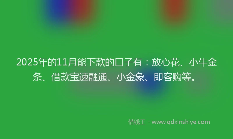 2025年的11月能下款的口子有：放心花、小牛金条、借款宝速融通、小金象、即客购等。