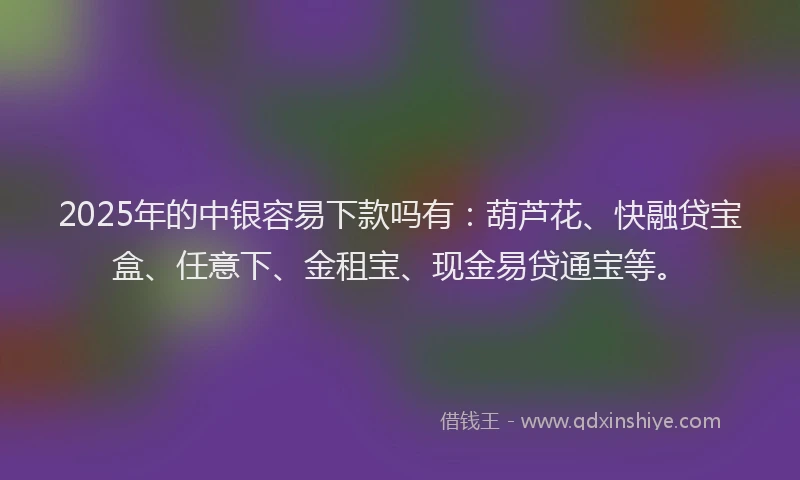 2025年的中银容易下款吗有：葫芦花、快融贷宝盒、任意下、金租宝、现金易贷通宝等。