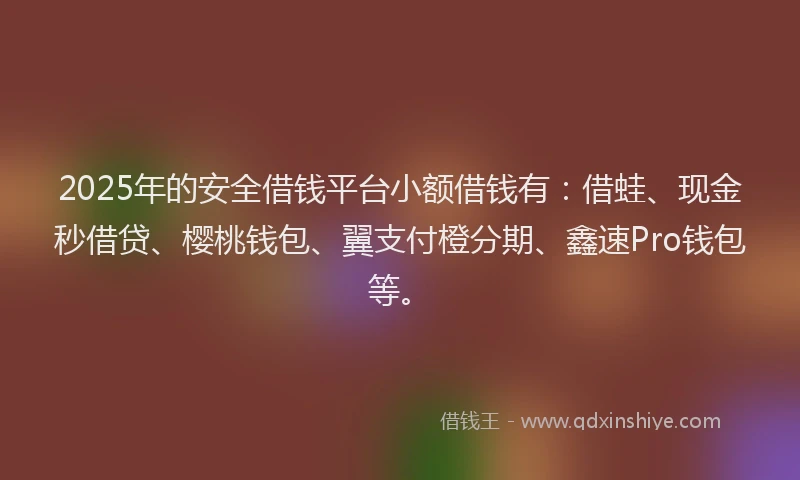 2025年的安全借钱平台小额借钱有：借蛙、现金秒借贷、樱桃钱包、翼支付橙分期、鑫速Pro钱包等。