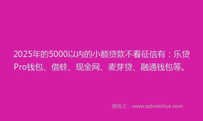 2025年的5000以内的小额贷款不看征信有：乐贷Pro钱包、借蛙、现金网、麦芽贷、融通钱包等。