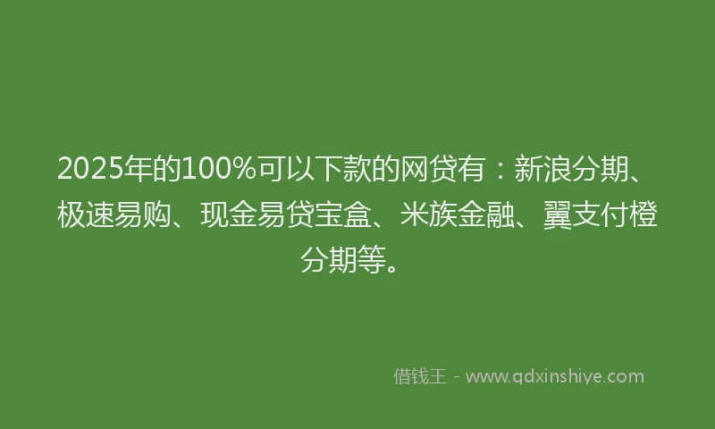 2025年的100%可以下款的网贷有：新浪分期、极速易购、现金易贷宝盒、米族金融、翼支付橙分期等。