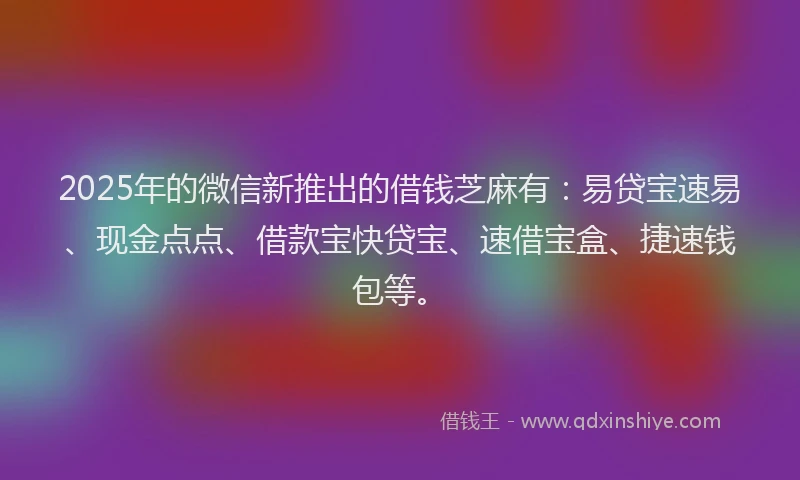 2025年的微信新推出的借钱芝麻有：易贷宝速易、现金点点、借款宝快贷宝、速借宝盒、捷速钱包等。