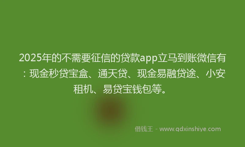 2025年的不需要征信的贷款app立马到账微信有：现金秒贷宝盒、通天贷、现金易融贷途、小安租机、易贷宝钱包等。