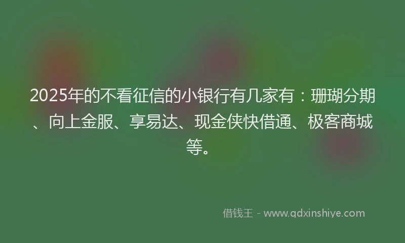2025年的不看征信的小银行有几家有：珊瑚分期、向上金服、享易达、现金侠快借通、极客商城等。