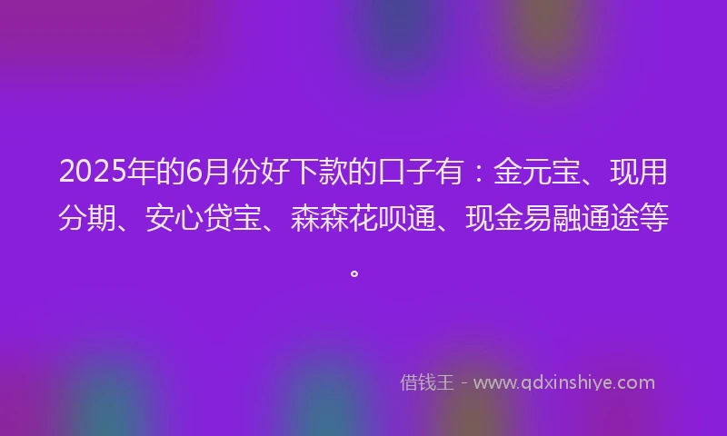 2025年的6月份好下款的口子有：金元宝、现用分期、安心贷宝、森森花呗通、现金易融通途等。