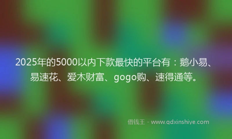 2025年的5000以内下款最快的平台有：鹅小易、易速花、爱木财富、gogo购、速得通等。