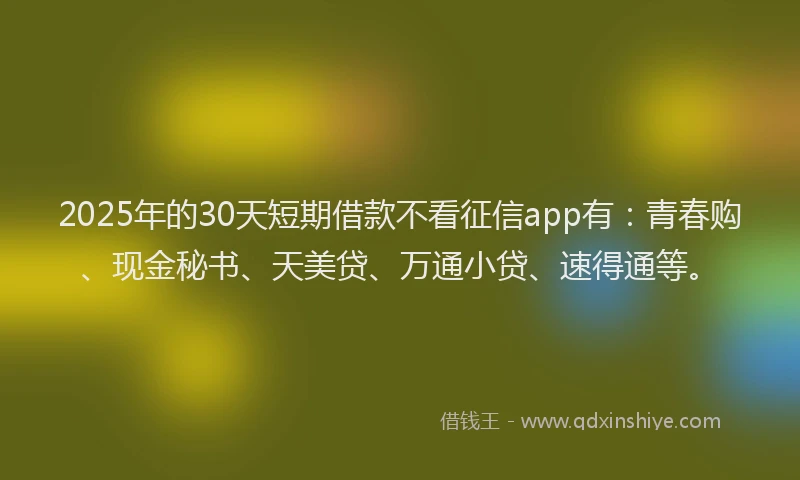 2025年的30天短期借款不看征信app有：青春购、现金秘书、天美贷、万通小贷、速得通等。