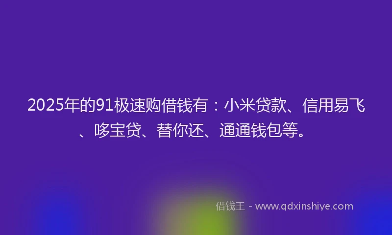 2025年的91极速购借钱有：小米贷款、信用易飞、哆宝贷、替你还、通通钱包等。