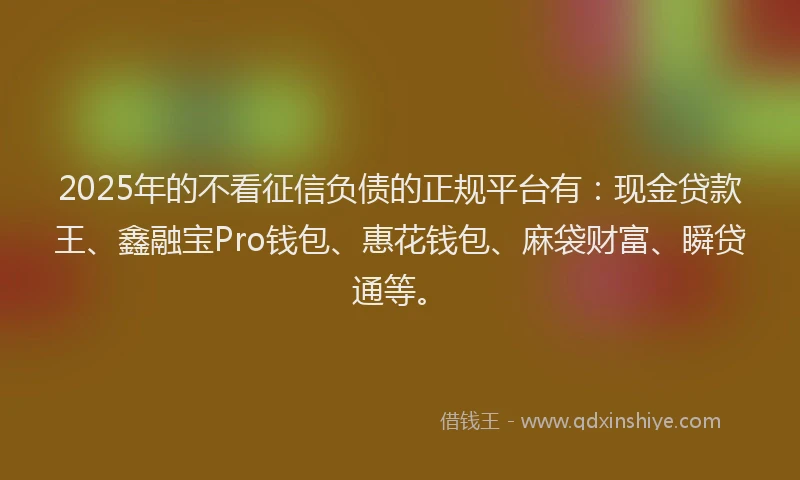 2025年的不看征信负债的正规平台有：现金贷款王、鑫融宝Pro钱包、惠花钱包、麻袋财富、瞬贷通等。