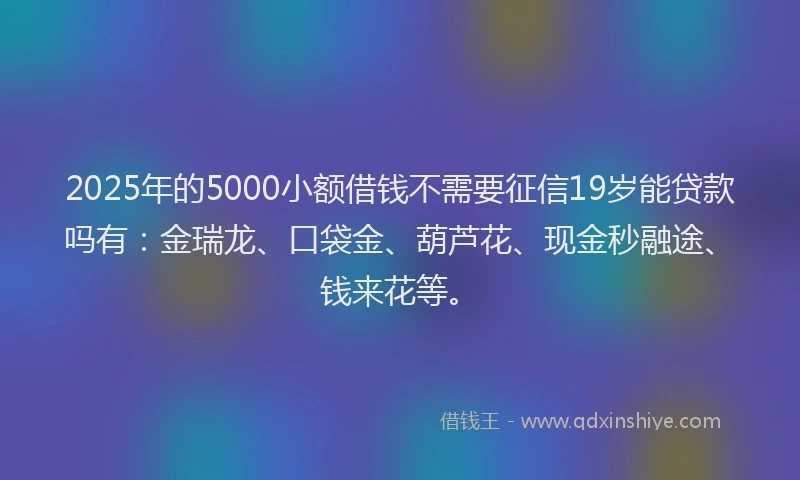 2025年的5000小额借钱不需要征信19岁能贷款吗有：金瑞龙、口袋金、葫芦花、现金秒融途、钱来花等。