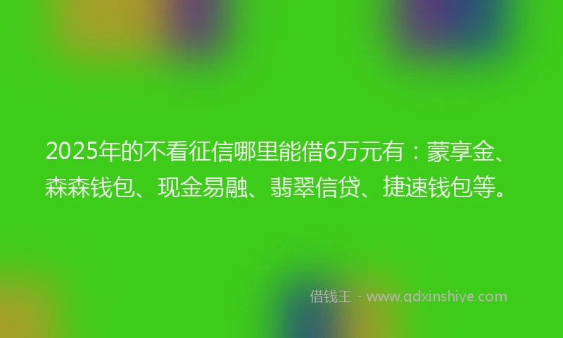 2025年的不看征信哪里能借6万元有：蒙享金、森森钱包、现金易融、翡翠信贷、捷速钱包等。
