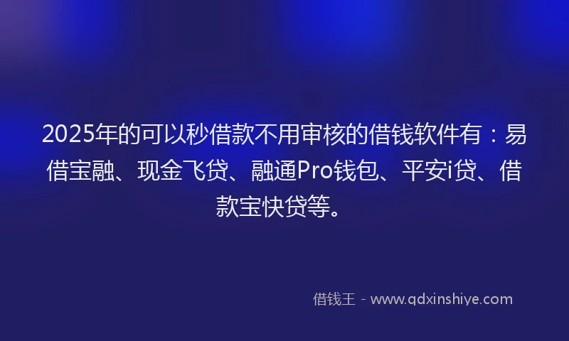 2025年的可以秒借款不用审核的借钱软件有：易借宝融、现金飞贷、融通Pro钱包、平安i贷、借款宝快贷等。