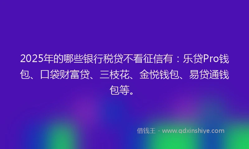2025年的哪些银行税贷不看征信有：乐贷Pro钱包、口袋财富贷、三枝花、金悦钱包、易贷通钱包等。