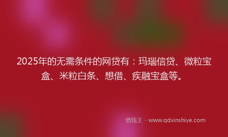 2025年的无需条件的网贷有：玛瑙信贷、微粒宝盒、米粒白条、想借、疾融宝盒等。