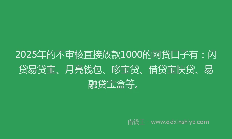 2025年的不审核直接放款1000的网贷口子有：闪贷易贷宝、月亮钱包、哆宝贷、借贷宝快贷、易融贷宝盒等。