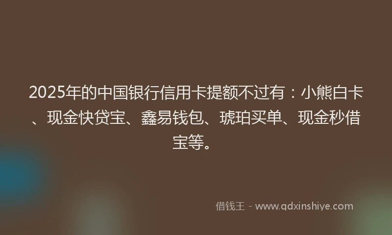 2025年的中国银行信用卡提额不过有：小熊白卡、现金快贷宝、鑫易钱包、琥珀买单、现金秒借宝等。