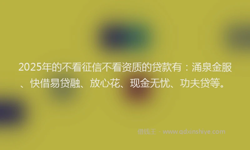 2025年的不看征信不看资质的贷款有：涌泉金服、快借易贷融、放心花、现金无忧、功夫贷等。
