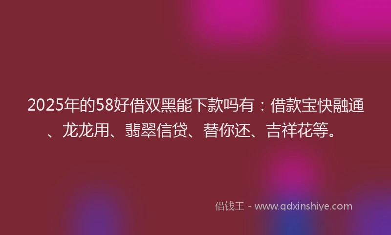 2025年的58好借双黑能下款吗有：借款宝快融通、龙龙用、翡翠信贷、替你还、吉祥花等。