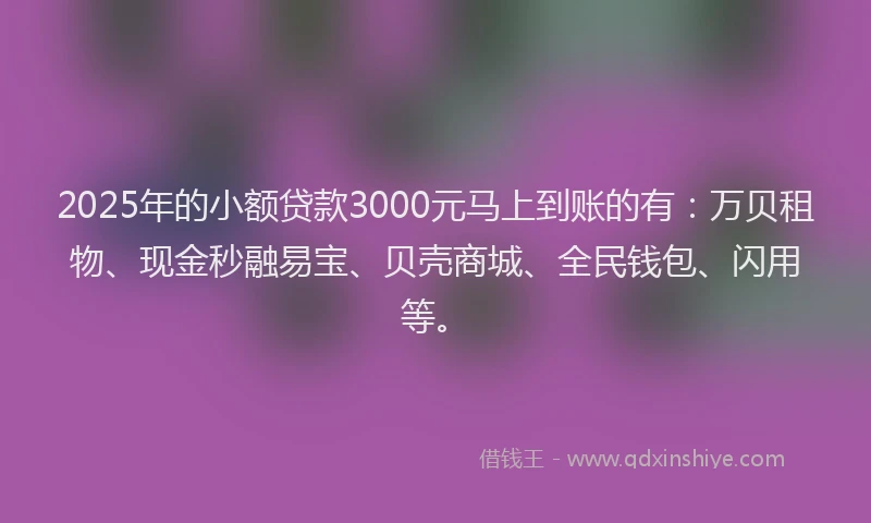 2025年的小额贷款3000元马上到账的有：万贝租物、现金秒融易宝、贝壳商城、全民钱包、闪用等。