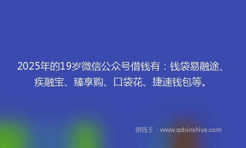 2025年的19岁微信公众号借钱有：钱袋易融途、疾融宝、臻享购、口袋花、捷速钱包等。