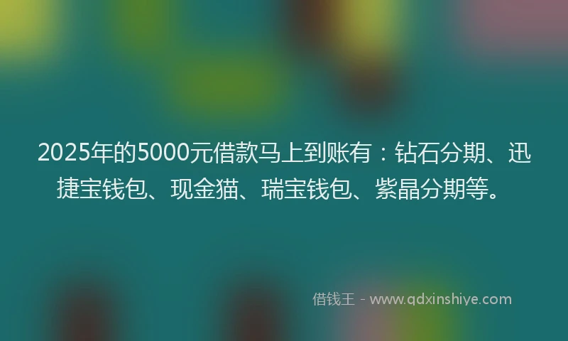 2025年的5000元借款马上到账有：钻石分期、迅捷宝钱包、现金猫、瑞宝钱包、紫晶分期等。