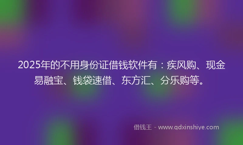 2025年的不用身份证借钱软件有：疾风购、现金易融宝、钱袋速借、东方汇、分乐购等。
