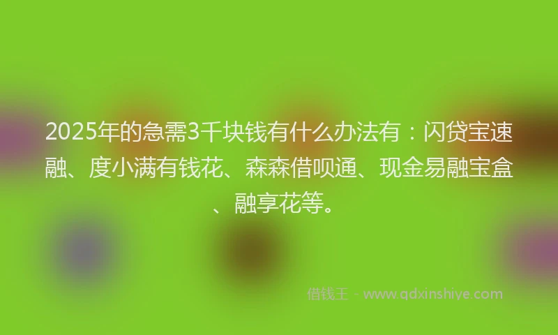 2025年的急需3千块钱有什么办法有：闪贷宝速融、度小满有钱花、森森借呗通、现金易融宝盒、融享花等。