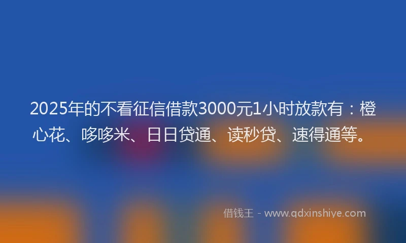 2025年的不看征信借款3000元1小时放款有：橙心花、哆哆米、日日贷通、读秒贷、速得通等。
