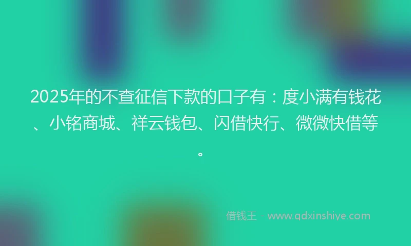 2025年的不查征信下款的口子有：度小满有钱花、小铭商城、祥云钱包、闪借快行、微微快借等。