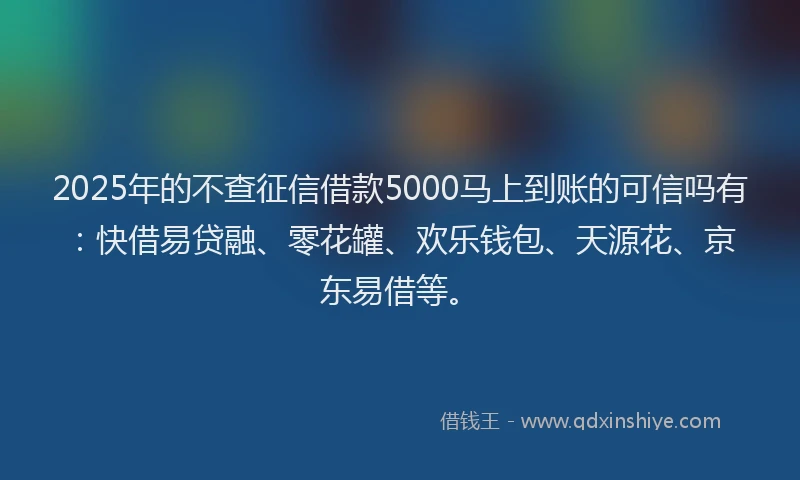 2025年的不查征信借款5000马上到账的可信吗有:快借易贷融、零花罐、欢乐钱包、天源花、京东易借等。