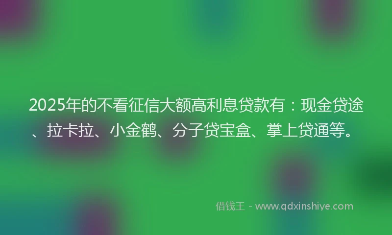 2025年的不看征信大额高利息贷款有：现金贷途、拉卡拉、小金鹤、分子贷宝盒、掌上贷通等。