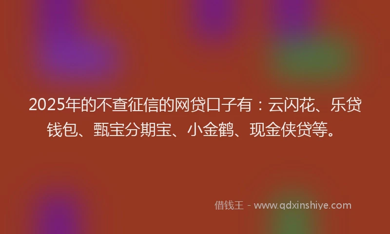 2025年的不查征信的网贷口子有：云闪花、乐贷钱包、甄宝分期宝、小金鹤、现金侠贷等。