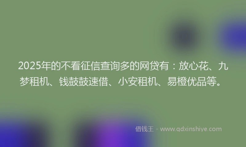 2025年的不看征信查询多的网贷有：放心花、九梦租机、钱鼓鼓速借、小安租机、易橙优品等。