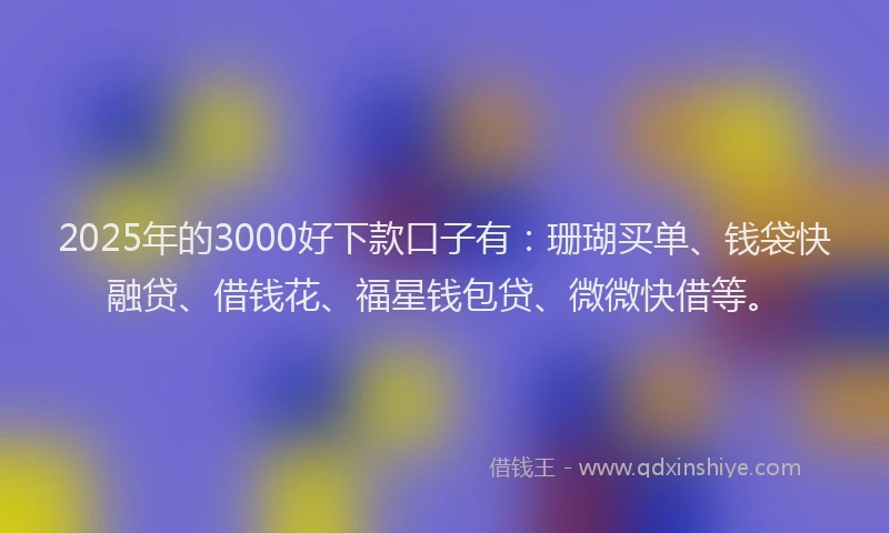 2025年的3000好下款口子有：珊瑚买单、钱袋快融贷、借钱花、福星钱包贷、微微快借等。