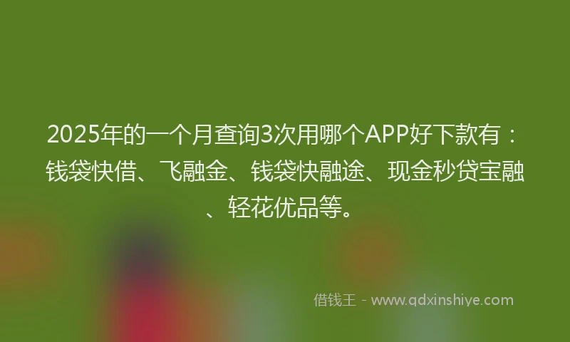 2025年的一个月查询3次用哪个APP好下款有：钱袋快借、飞融金、钱袋快融途、现金秒贷宝融、轻花优品等。