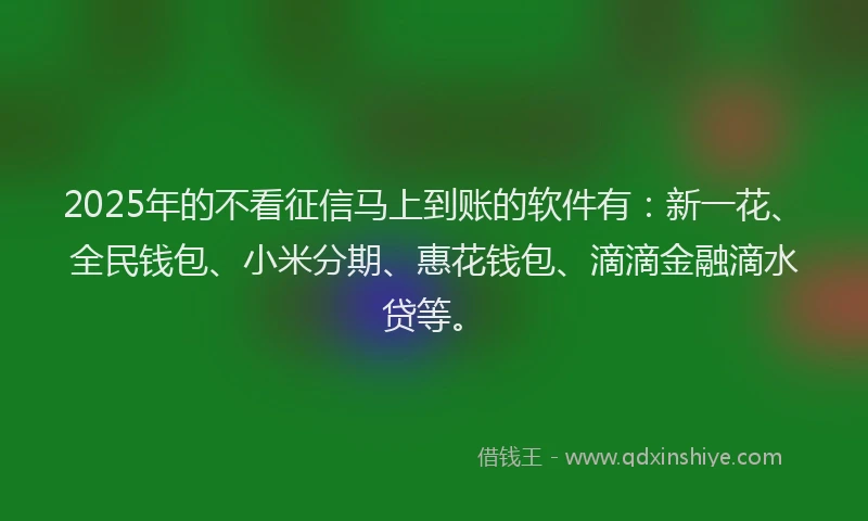 2025年的不看征信马上到账的软件有：新一花、全民钱包、小米分期、惠花钱包、滴滴金融滴水贷等。
