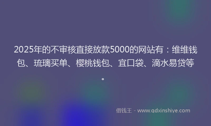 2025年的不审核直接放款5000的网站有：维维钱包、琉璃买单、樱桃钱包、宜口袋、滴水易贷等。